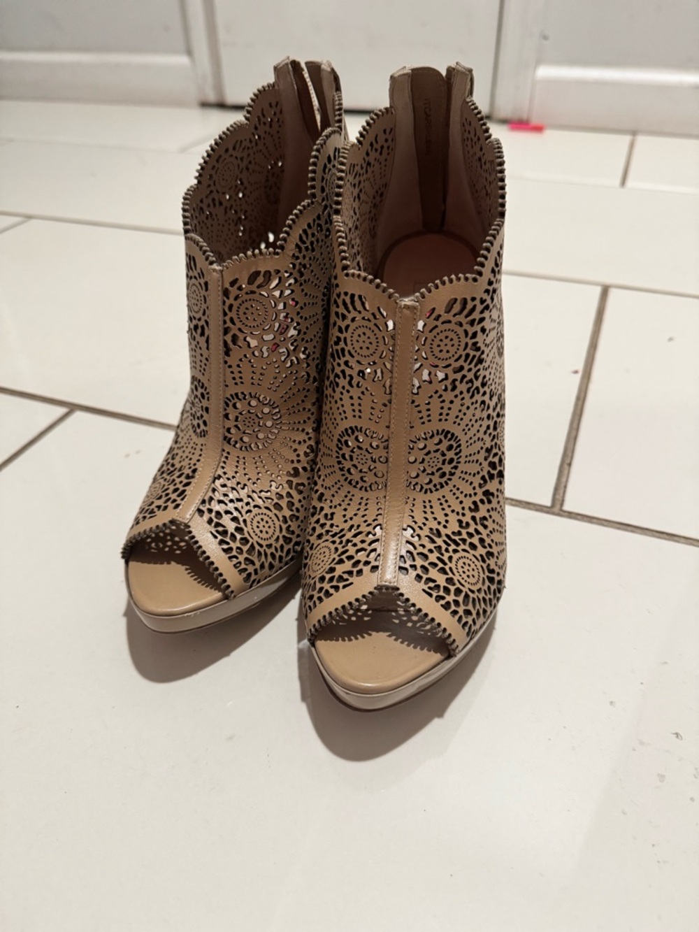 Burberry Beige Laser-Cut Peep-Toe Ankle Booties